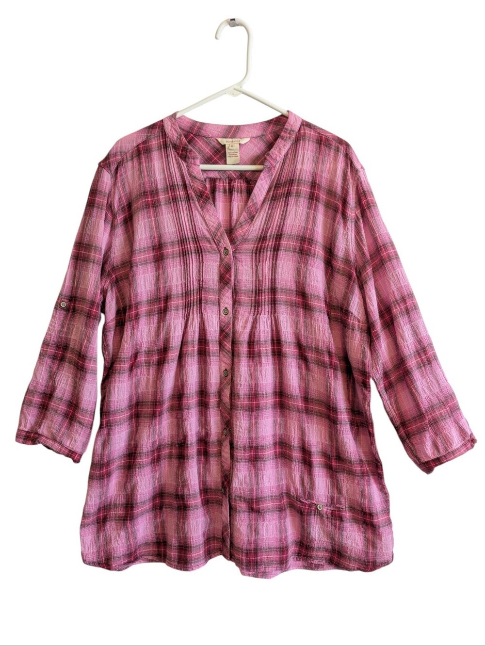 Sundance Pink Plaid Pleated Blouse Front Button Tunic Top Size XL Relaxed Fit
